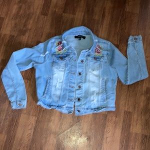 denim jacket distressed light blue rose embroidery awesome jacket